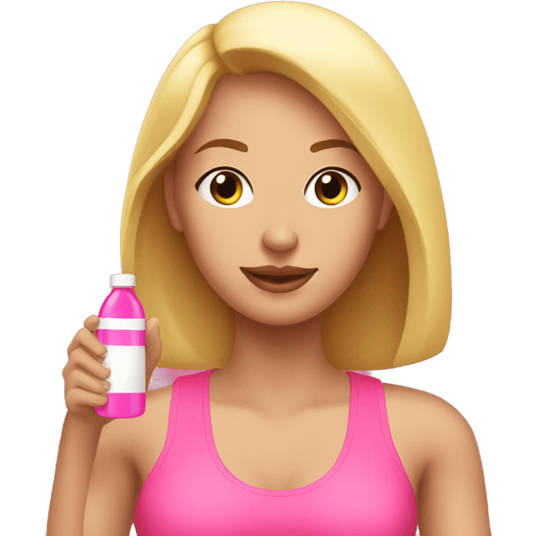 create a blonde woman in gym clothes holding a pink bottle in her hand emoji