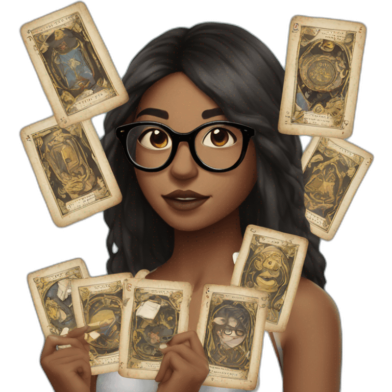 girl with bro2n straight hair and black round glasses with tarot cards in hands emoji