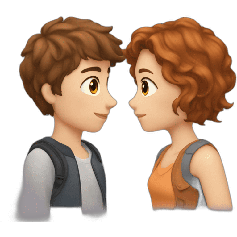 a auburn short haired boy and brown long haired girl kissed emoji