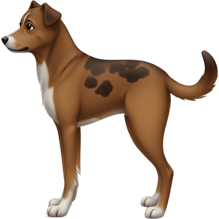 brown and dark brown Eurasian dog standing. His face and back is covered with dark brown spots emoji