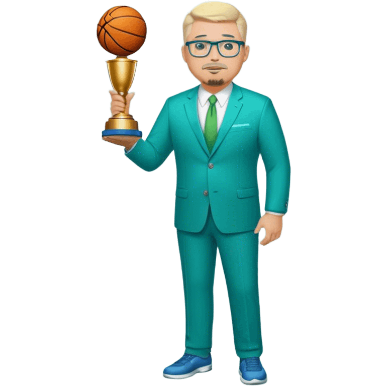 Full Body white fat male  wearing glasses with a goatee with light blonde gray very short hair basketball head Coach in blue and green suit holding trophy emoji