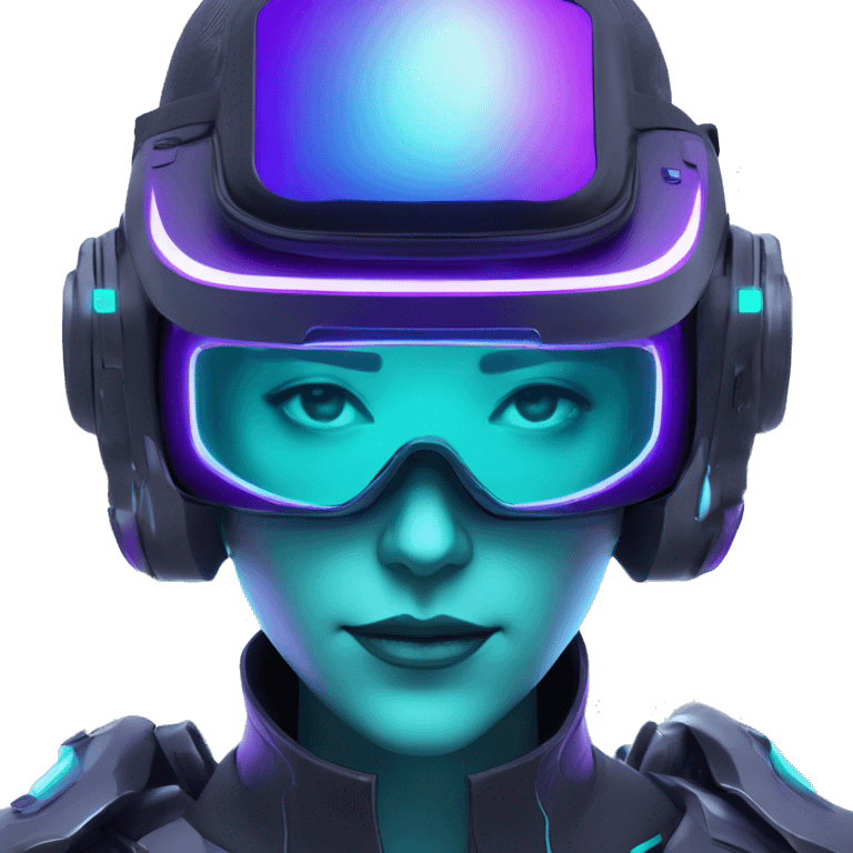 Secret humanoid agent in a futuristic hat with in Apple VR goggles headset code display on the goggles , cyberpunk, cyan and purple colors, only upper body portrait, front facing the camera  emoji