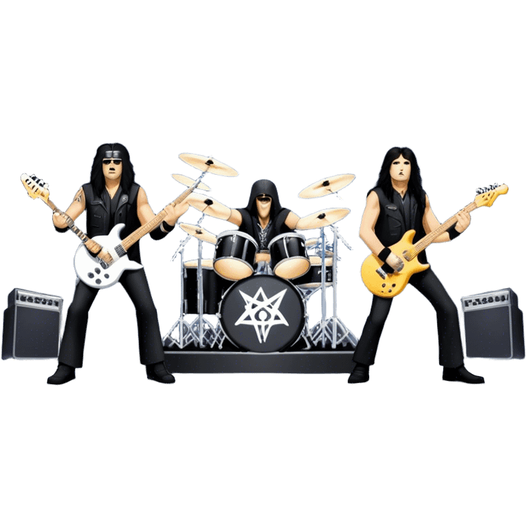 Icon for Heavy Metal: Anthrax live concert with Charlie Benante on drums, Joey Belladonna on vocals, Frank Bello on bass, Jonathan Donais and Scott Ian on guitars. The intense energy of the band is captured with instruments and stage lighting. Transparent background. emoji