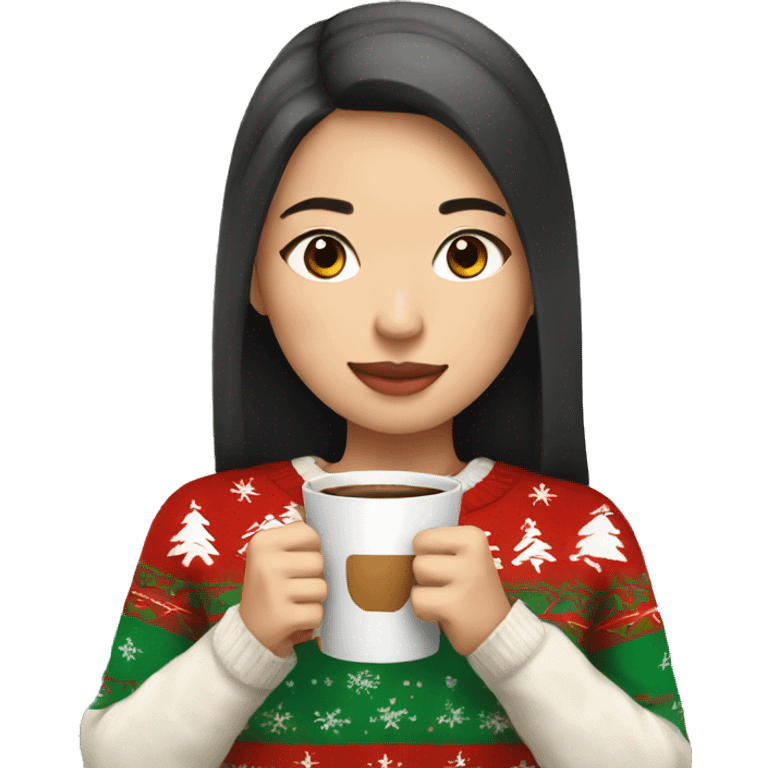 asian girl drinking coffee wearing Christmas sweater emoji