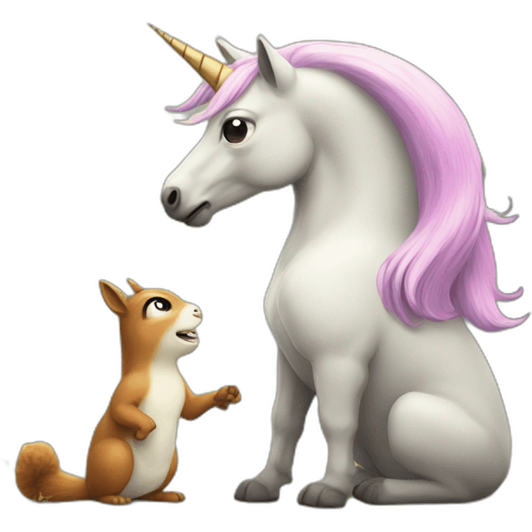 A perplexed unicorn befriending a squirrel emoji