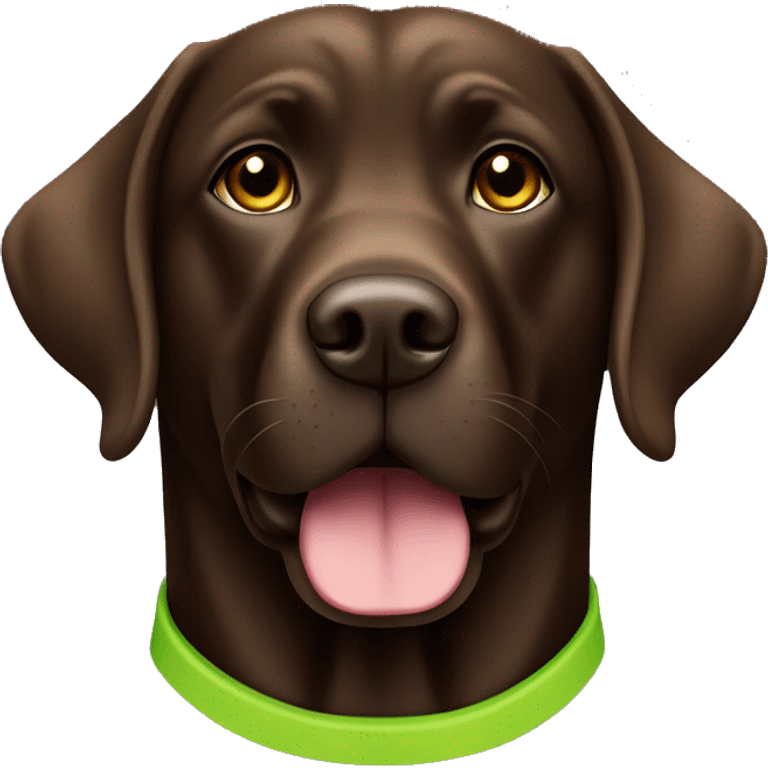 Dark brown chocolate Labrador wearing lime green collar looking straight emoji