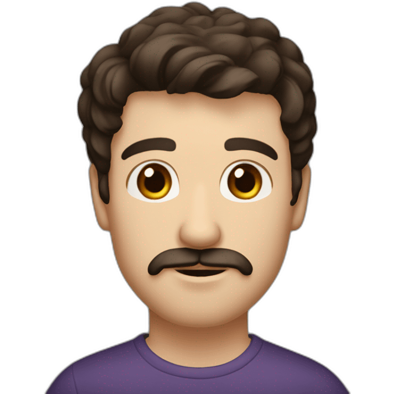 A young Caucasian man with dark brown, almond-shaped eyes, short dark brown hair, and a small dark brown beard with a more prominent mustache. emoji