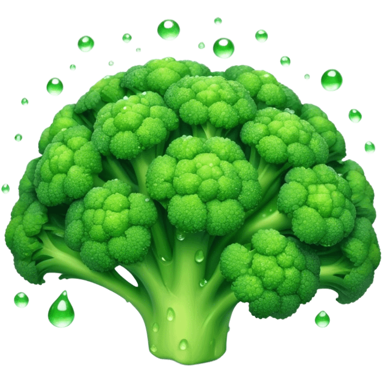 Cinematic lush green broccoli, detailed florets glistening with dewdrops, ultra-fresh and vibrant, soft glowing background, healthy and delicious. emoji