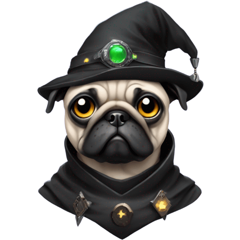 cyberpunk pug wearing a black wizard's hat emoji