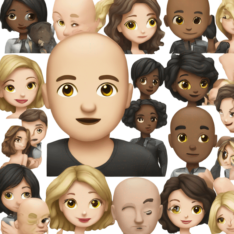 White girl dark hair kissing mixed bald man emoji