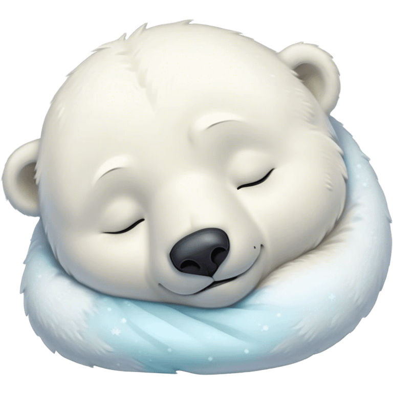 Meme-Worthy cute Sleeping Polar Bear Portrait Emoji, Head resting peacefully with a contented smile, showcasing a luxuriously soft snowy coat and eyes closed in serene slumber, Simplified yet hilariously adorable features, highly detailed, glowing with a soft, drowsy polar light, high shine, relaxed and utterly lovable, stylized with an air of playful laziness, bright and heartwarming, soft glowing outline, capturing the essence of a sleeping polar guardian that feels destined to become the next viral sensation of adorable rest! emoji