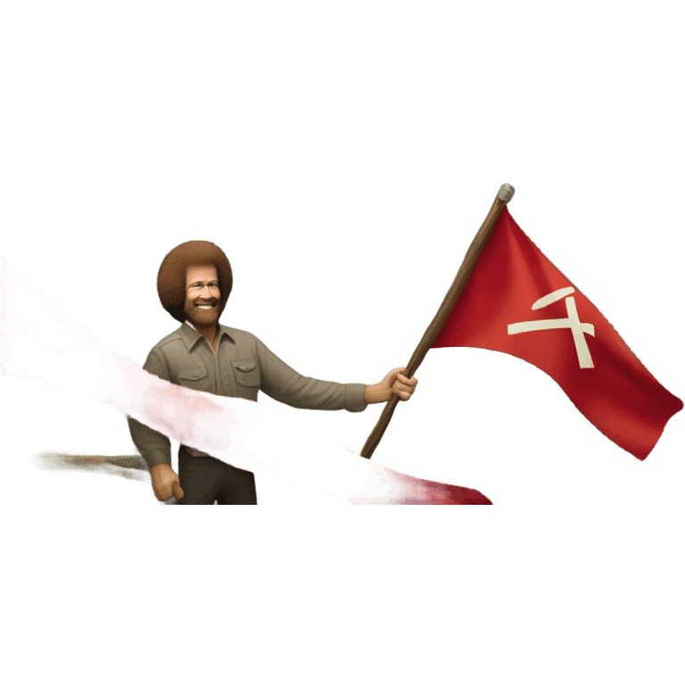 bob ross painting with a background of a hammer and sickle red flag emoji