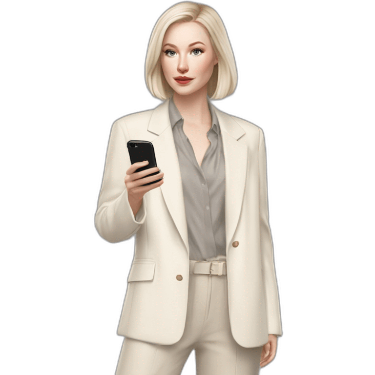 pale skin woman with ash blonde Straightened bob Hair, White Spacious classical jacket, beige palazzo Arrow pants and gray blouse holding white IPhone 15 pro in the hands emoji