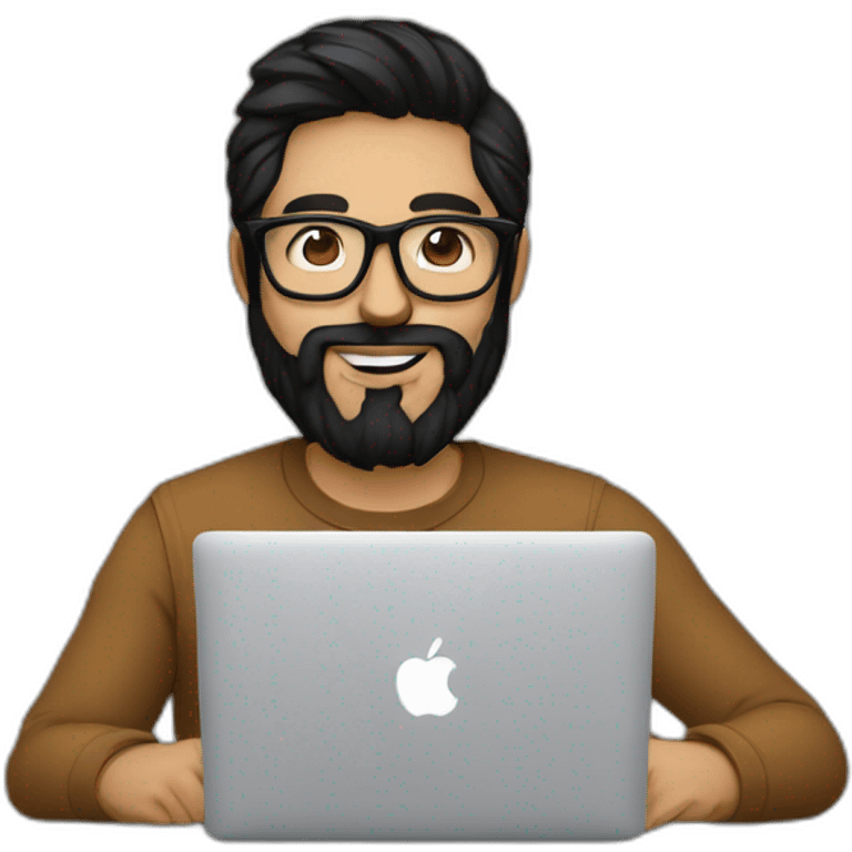 Designer with black hair, beard and glasses working with MacBook and drinking cappuccino  emoji