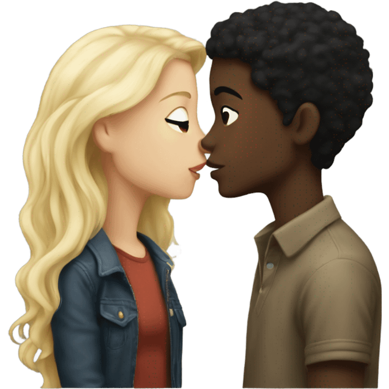 Blonde White boy  kissing a Black haired Black girl  emoji