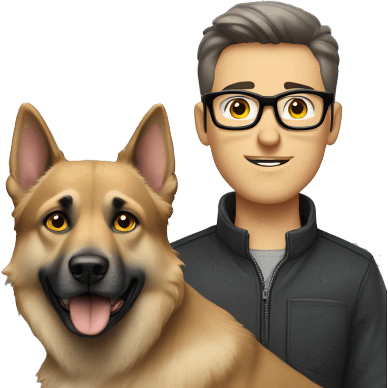 A guy with brown hair, guy have grey eyes, and thin, stylish black glasses. accompanied by a grey German Shepherd (female). dog have with yellow eyes. emoji