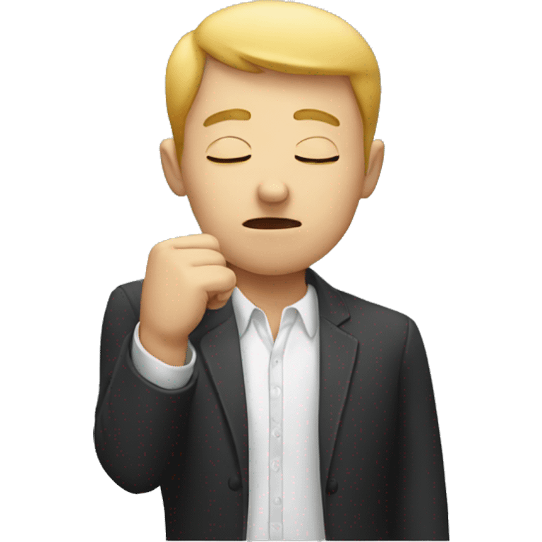 person with eyes closed, one hand pointing down, the other in a fist covering his mouth. emoji