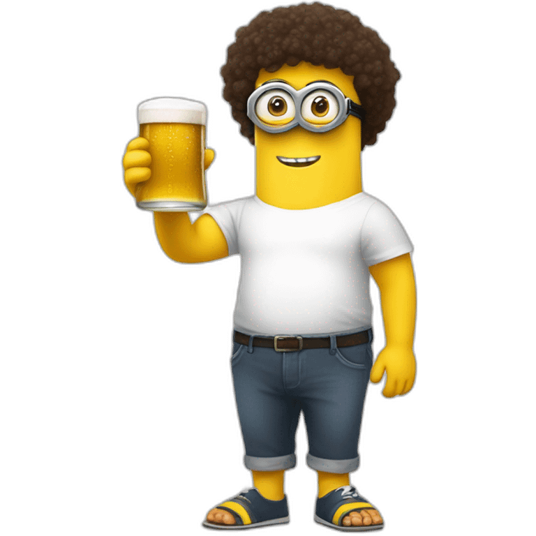 scoof minion with a beer belly and a bottle in his hand in a white T-shirt and sweatpants and slippers  emoji