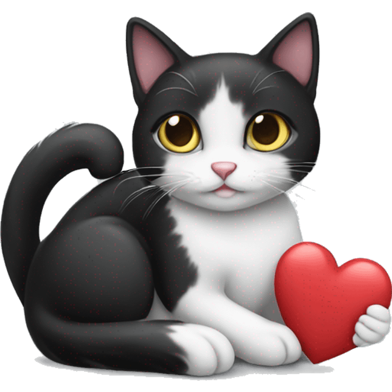 Black and white cat holding a heart emoji