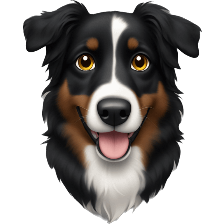 Small black australian shepherd dog with dark brown eyes and black face emoji