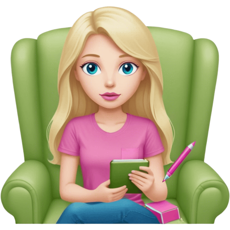 Cinematic realistic blonde with long hair, blue eyes and pink lips, dressed in a green T-shirt, sits in a beige armchair with a pink notebook and pen in her hands emoji