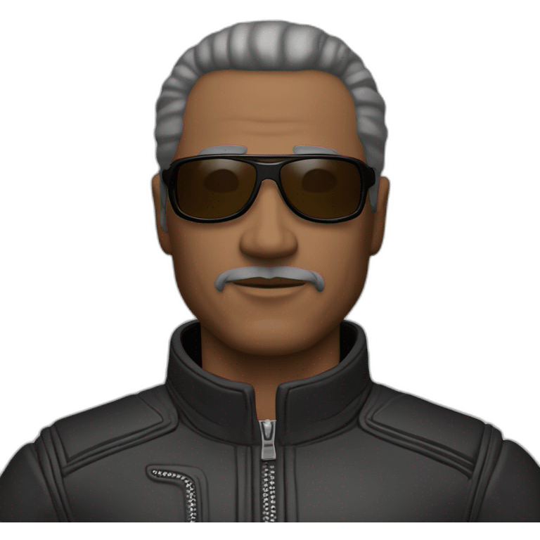 56 year old man, balled, brown eyes, black motorcycle suit, sunglasses on forehead emoji