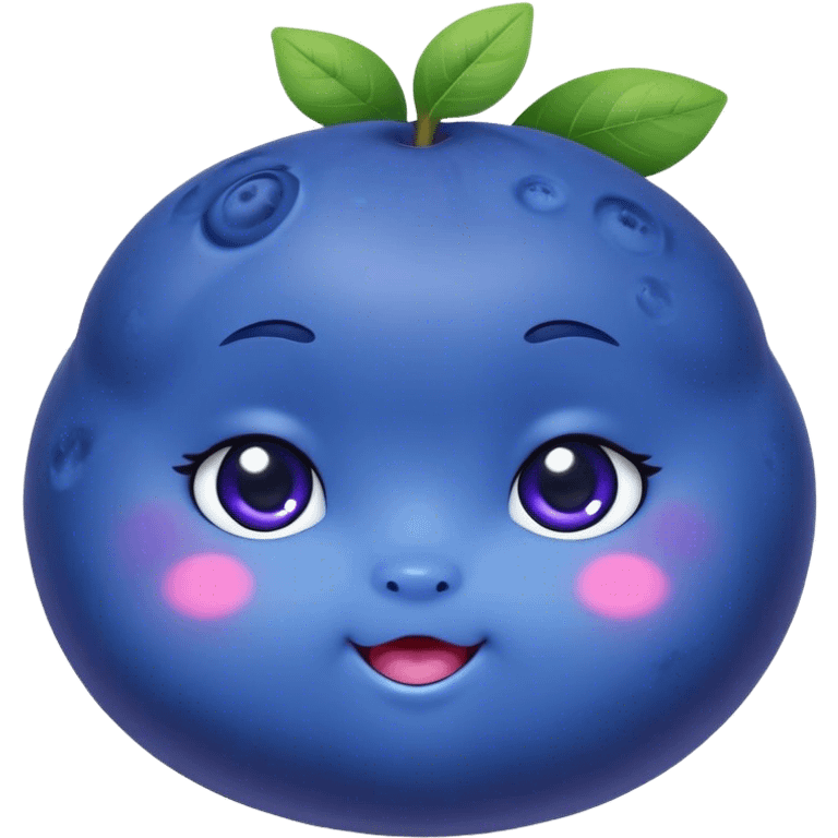 Cute Kawaii Blueberry, small and chubby, deep blue-purple with a tiny leafy crown, bright sparkling eyes, a soft round body, cute blushing cheeks, full of berry sweetness! emoji