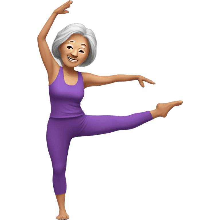 Long hair Asian senior woman in purple yoga cloth dancing Zumba emoji