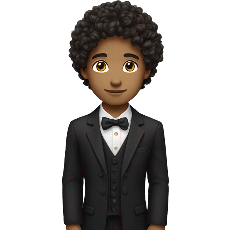 a boy wearing formal clothes with fair complexion brown eyes with curly hairs black  long hairs emoji