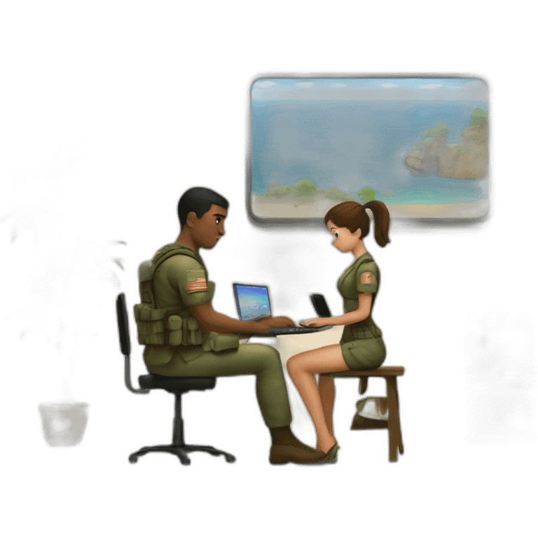 A soldier playing computer game while his girlfriend waits fór jim to reply with message emoji