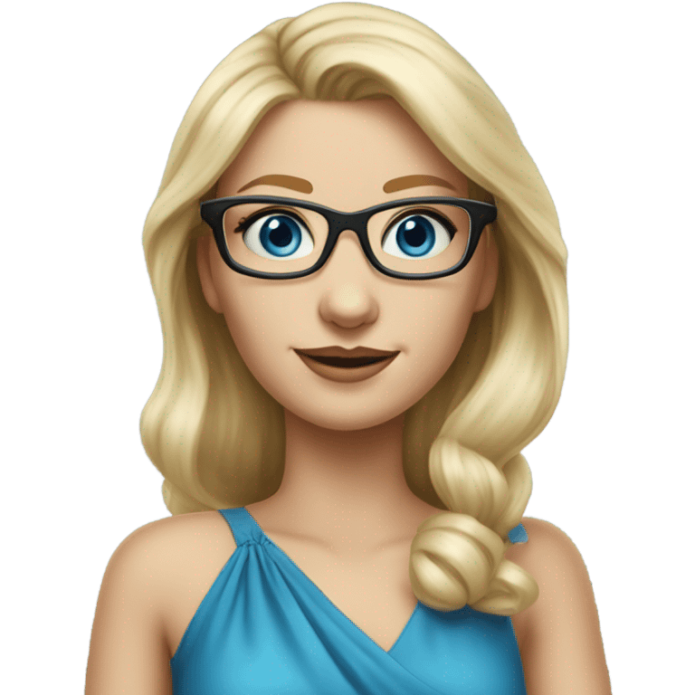 Pretty Caucasian blonde woman with glasses in a dress, hyper realistic with blue eyes  emoji