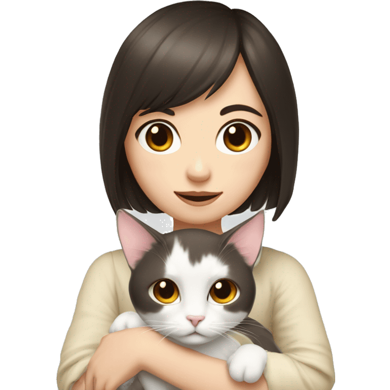 A pale girl with dark brown hair and dark brown eyes and bangs holds a white cat in her hands emoji