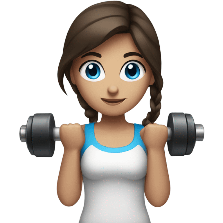 brunette girl with bright blue eyes lifting hand weights emoji