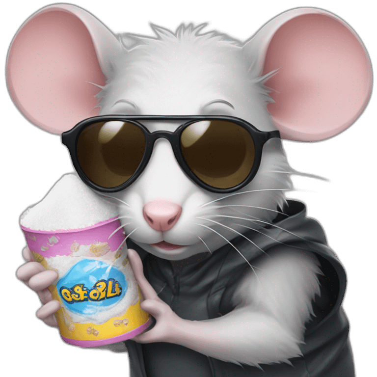 badass rat wearing sunglasses holding a small half-filled plastic bag of powdered sugar emoji