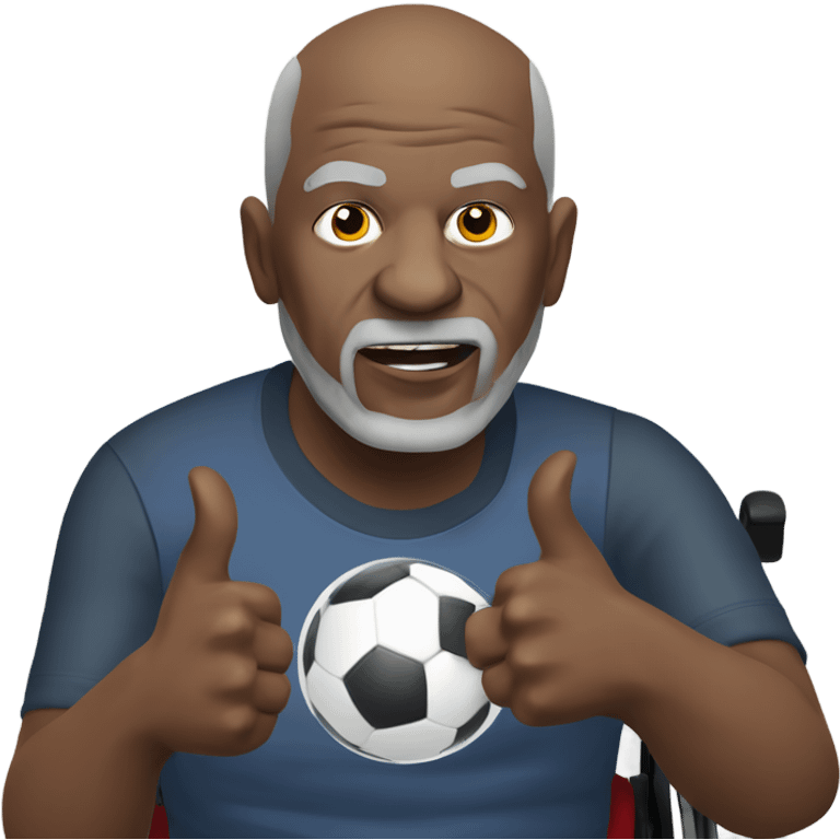 old black bald man with a protruding round belly in wheelchair. angry face. grey stubble. he is pointing finger in front. Arsenal soccer shirt. mouth word bubble emoji