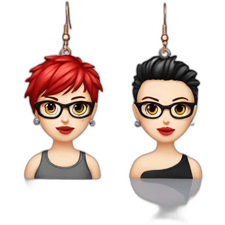 Punk female earrings glasses,red and black short hair, emoji