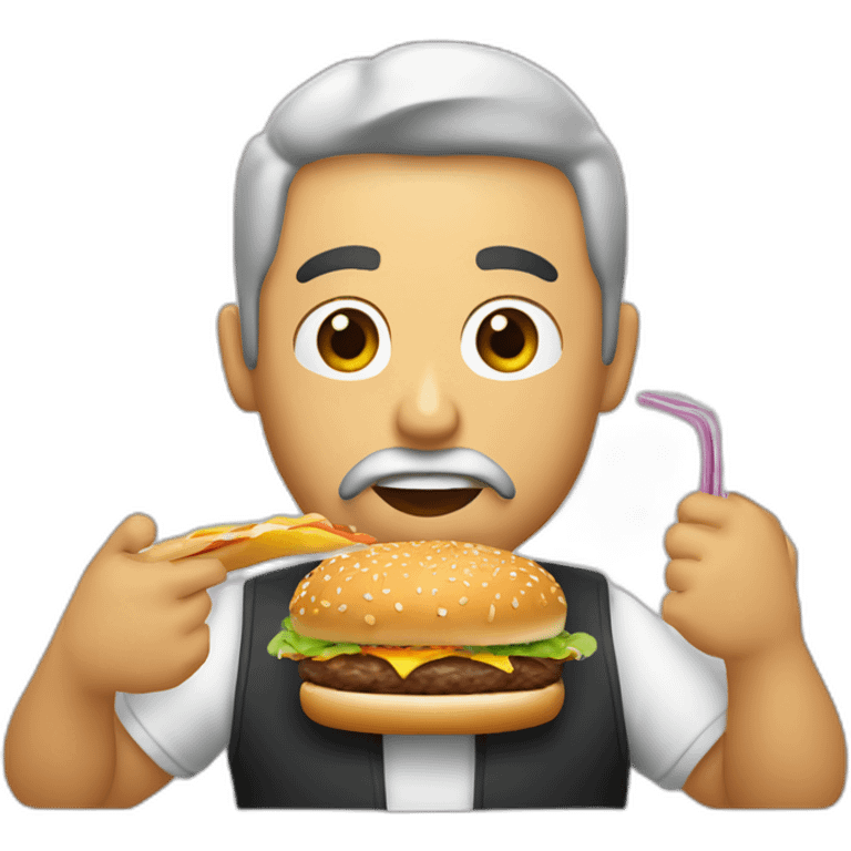 Chico con barba corta y tripa comiendo una amburguesa emoji