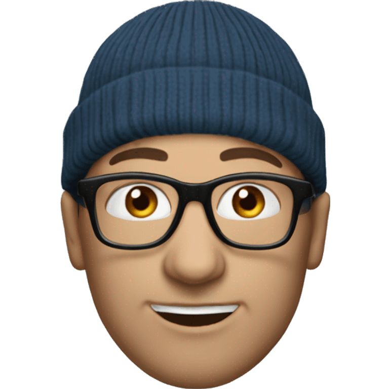 45 year old bald guy, blue eyes, black glasses and a beanie emoji