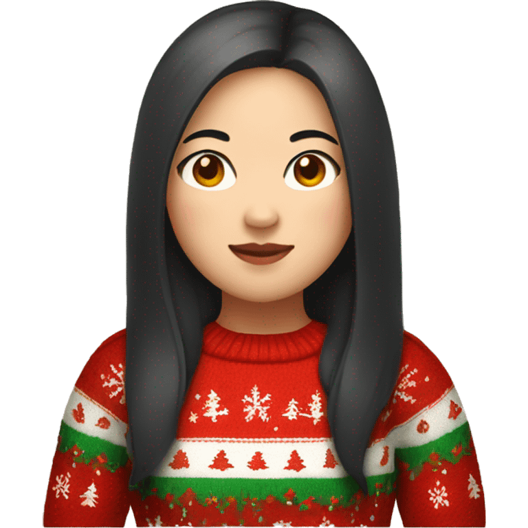 Chubby Asian girl with long dark hair wearing Christmas sweater emoji