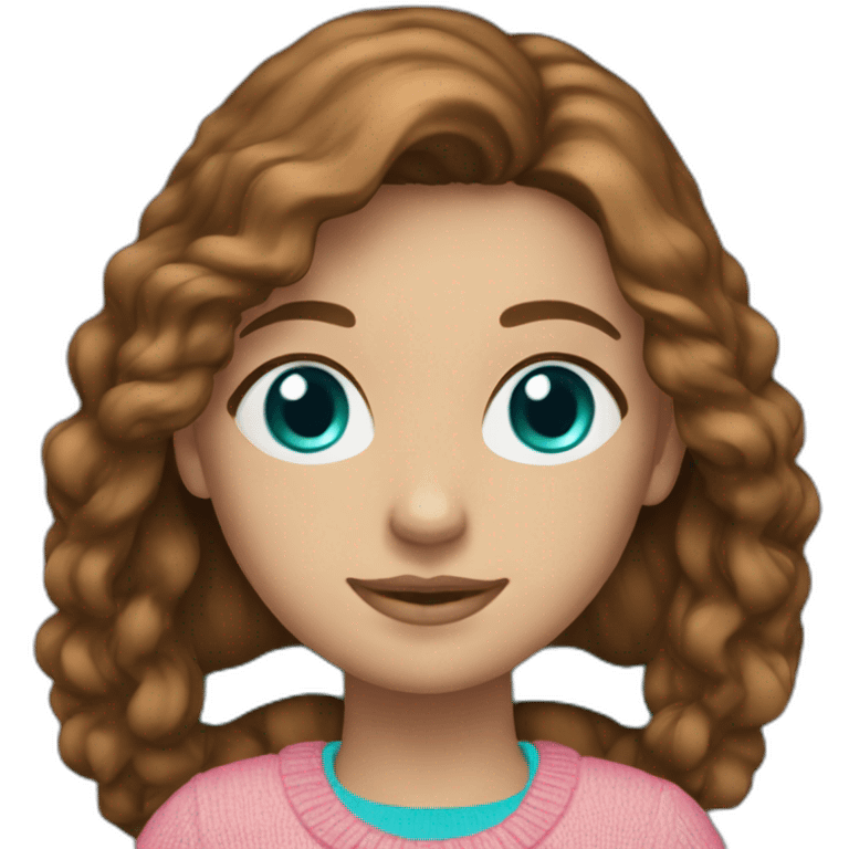 She is a girl with blue eyes. Brown hair. Favorite colors are turquoise and pink. Clothes jeans and blue sweater. emoji