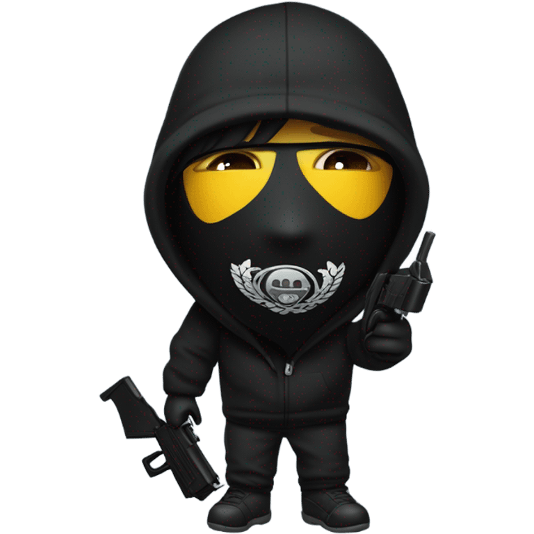 person with black hoodie on and black sweats and black ski mask with a black watergun emoji