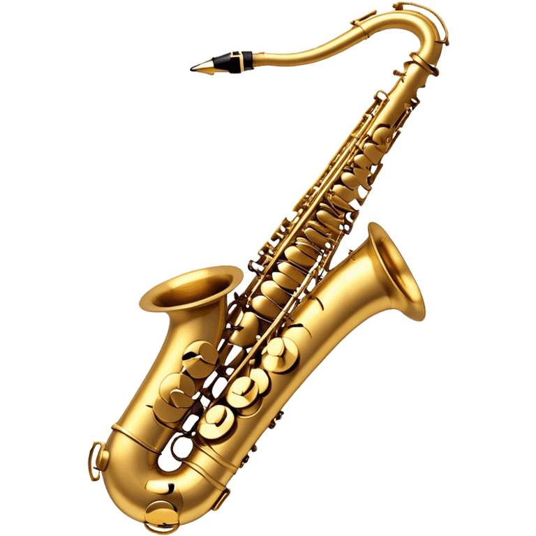 Create a sleek and sophisticated emoji representing the Selmer Super Action 80 Series II saxophone. The design should feature the smooth, golden brass body of the saxophone with its shiny keys and beautiful curves. Highlight the iconic bell of the saxophone and the fine details of the keywork, including the pads and springs. Include the mouthpiece at the top with a reed visible, capturing its essential role in sound production. Use rich gold and brass tones for the instrument with subtle light reflections to enhance its professional appearance. Add musical notes floating around the saxophone to evoke its smooth, jazzy sound. The background should be transparent. emoji