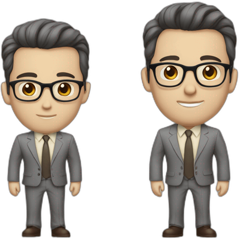 Full height Pale skinned Fit Man With dark brown hair in classic gray suit, beige office shirt, dark gray tie, and vintage glasses. His hands lock emoji