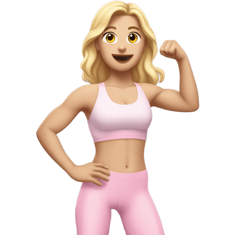 Woman, white skin, pale skin, long hair, blonde hair, wavy hair, baby pink sports bra, baby pink leggings, flexing one arm up emoji