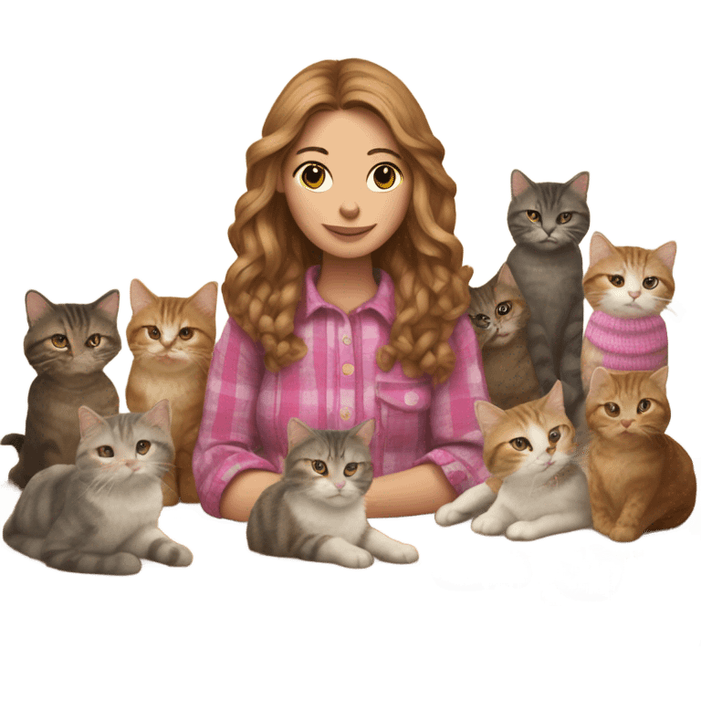 Woman with long light brown hair and a pink streak wearing a flannel shirt knitting and surrounded by cats emoji