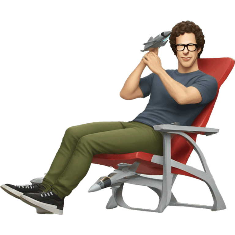 andy samberg sitting on a lawn chair on top of a fighter jet emoji