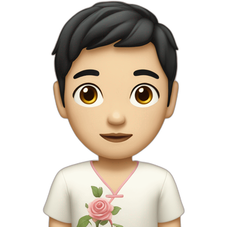 Asian boy, with black hair wearing a white dress with a rose pattern emoji