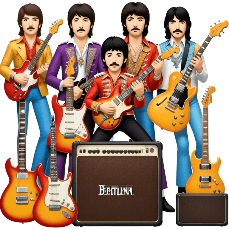 Rock music icon: dynamic collage of global rock legends like The Beatles, Jimi Hendrix, Elvis Presley, Led Zeppelin, Queen, and Nirvana, surrounded by guitars, amplifiers, and stage lights. Symbolizing the energy and power of rock music. Transparent background. emoji