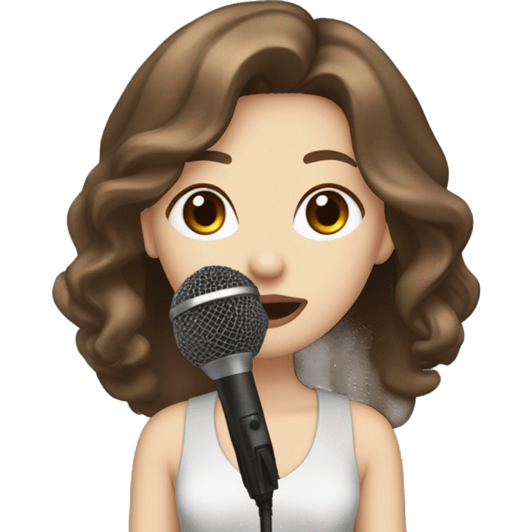 a girl with brown long layered middle parted hair, hazel eyes, pale skin, dark lips, singing into a microphone emoji