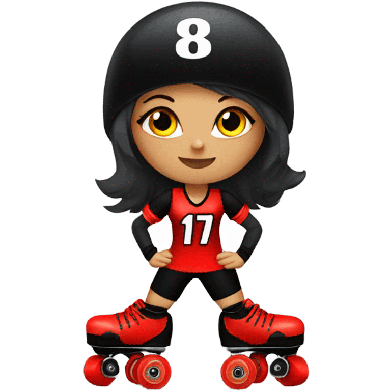 Roller derby girl wearing 818 in black and red emoji